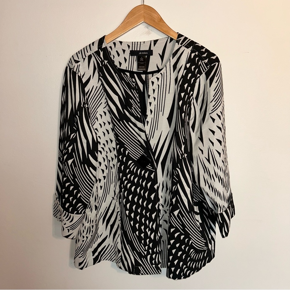 Ali Miles Black & White Abstract Print Button Front Jacket Top L Large